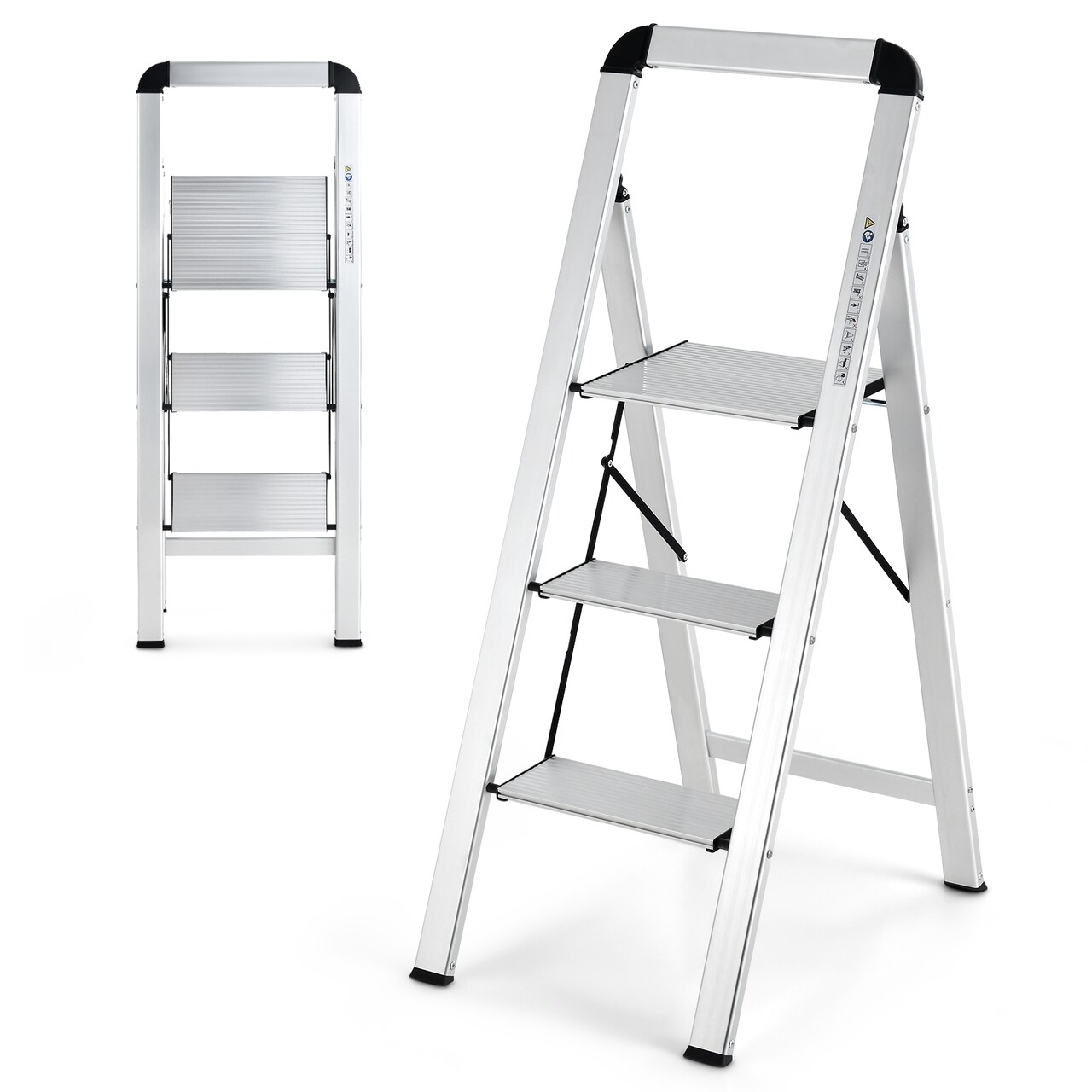 3-Step Ladder Aluminum Folding Step Stool with Non-Slip Pedal and Footpads-Sliver